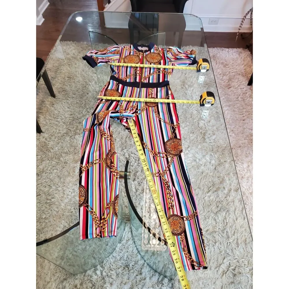 Good Time Womens Multicolor Striped Medallion Short Sleeve Casual Jumpsuit Large - Picture 7 of 11